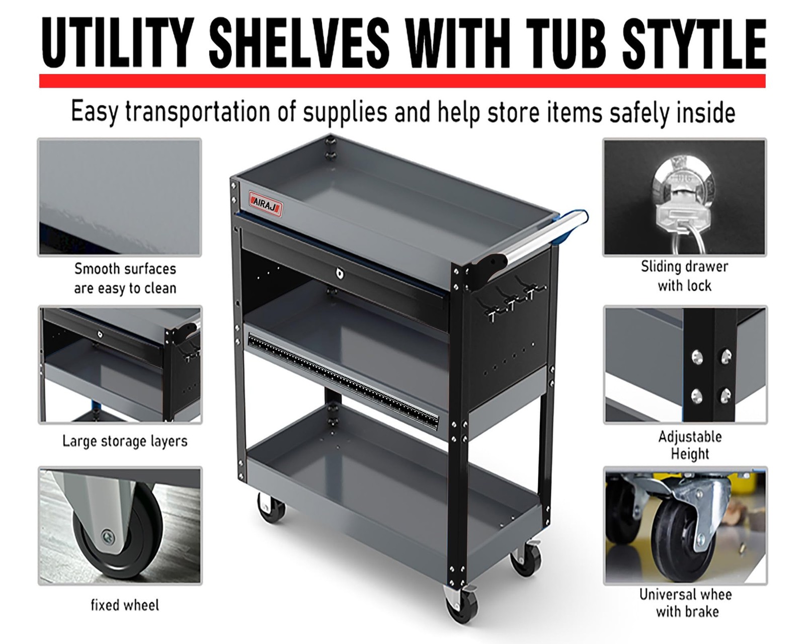 Tool Cart,27.5" 3 Tier Tool Cart on Wheels,Utility Industrial Service Cart
