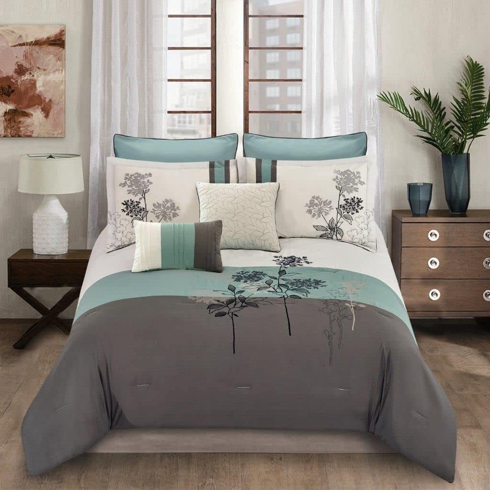 Emilie Comforter Set Queen Blue/gray/ivory 8 Piece Set