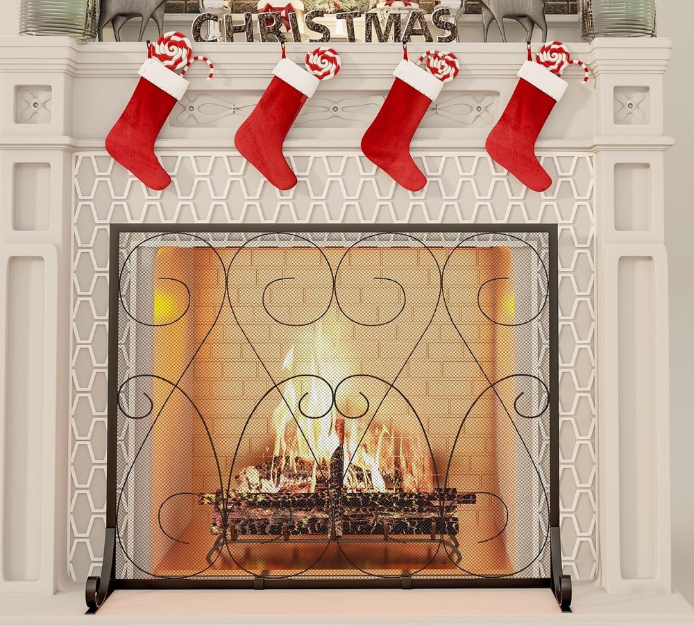 Single Panel Handcrafted Wrought Iron Symmetric Scroll Flat Fireplace Screen