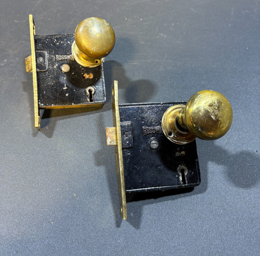 2 Vintage Russwin Mortise Door Lock Hardware With Knobs No Key
