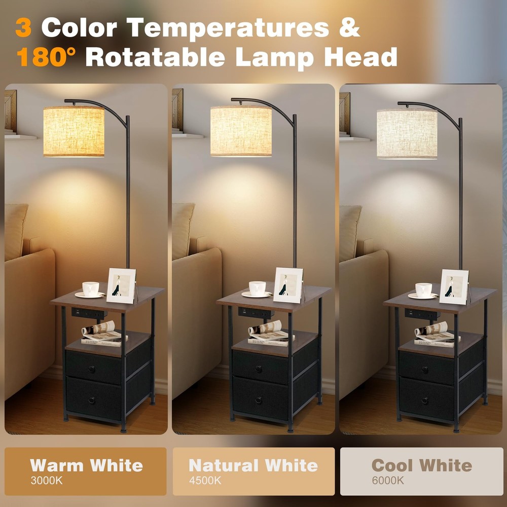 Floor Lamp with Table & 2 Drawers, End Table with 3 Color Temperature Reading...