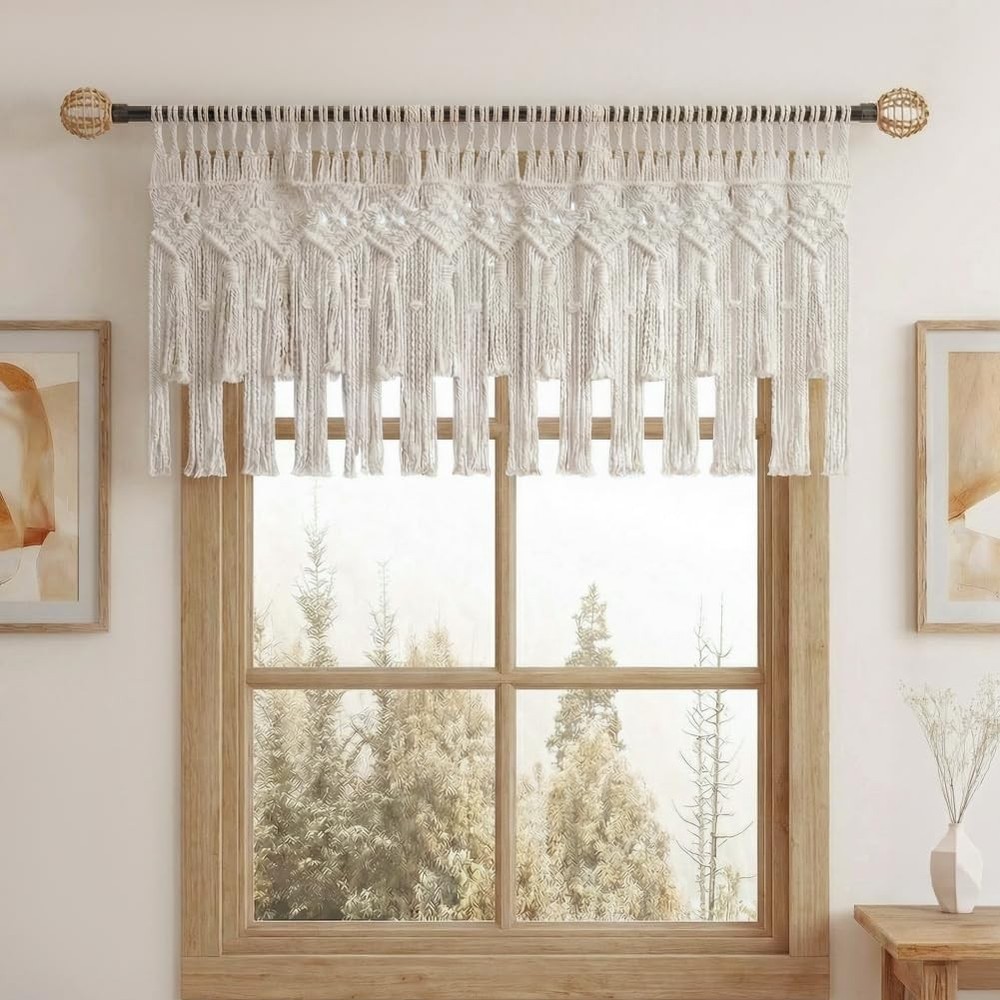 Boho Macrame Window Valance Handmade Cotton Decor Wall Hanging Curtain Panels...