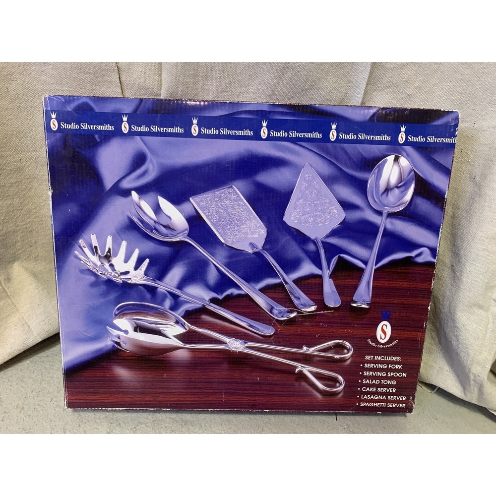 New Studio Silversmiths 5 Piece 12" Serving Set SilverPlated SaladTong SpoonFork