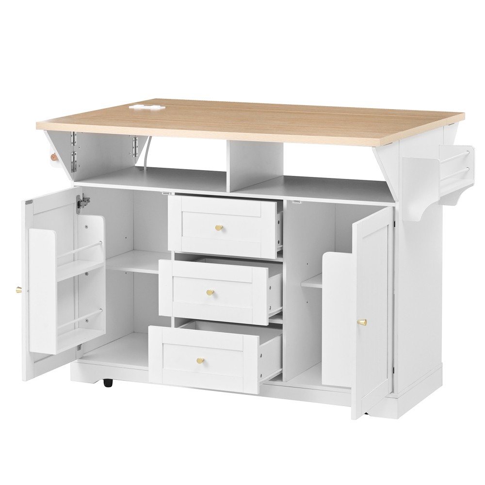 Kitchen Island w/ Power Outlet Wheels, Extendable Dining Table Storage White