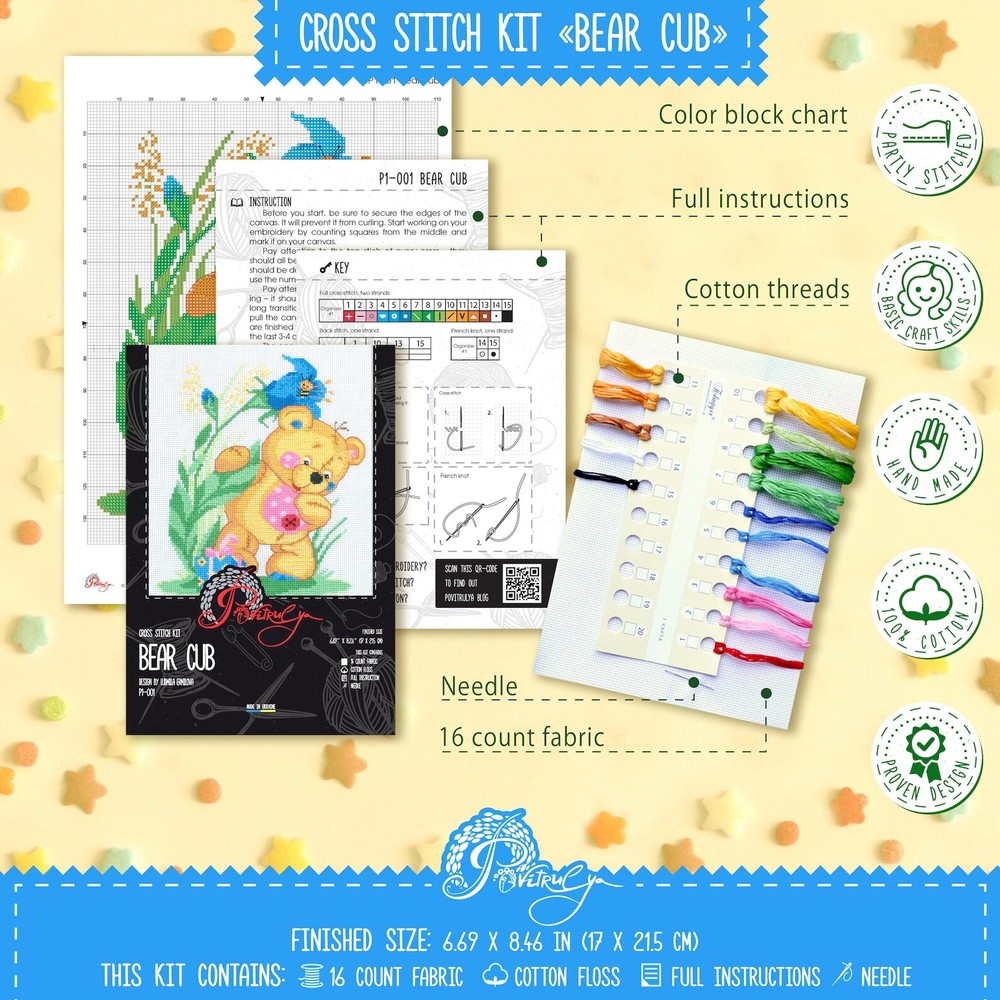 Cute Teddy Bear cross stitch kit - DIY embroidery kit with counted pattern