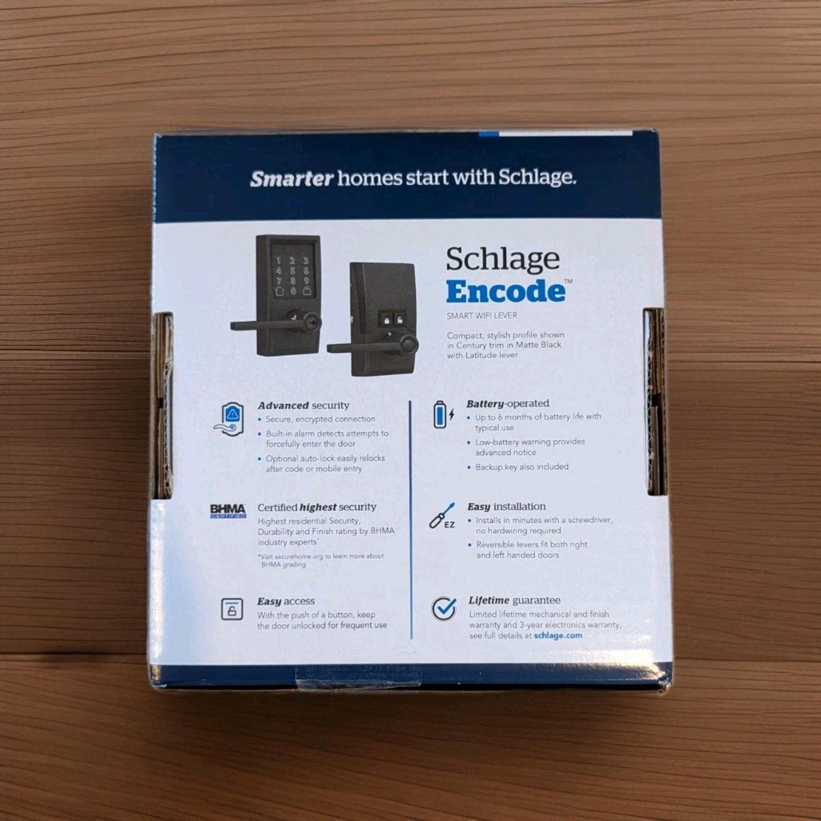 SEALED! Schlage Encode Smart WiFi Latitude Lever Matte Black Century Trim Lock