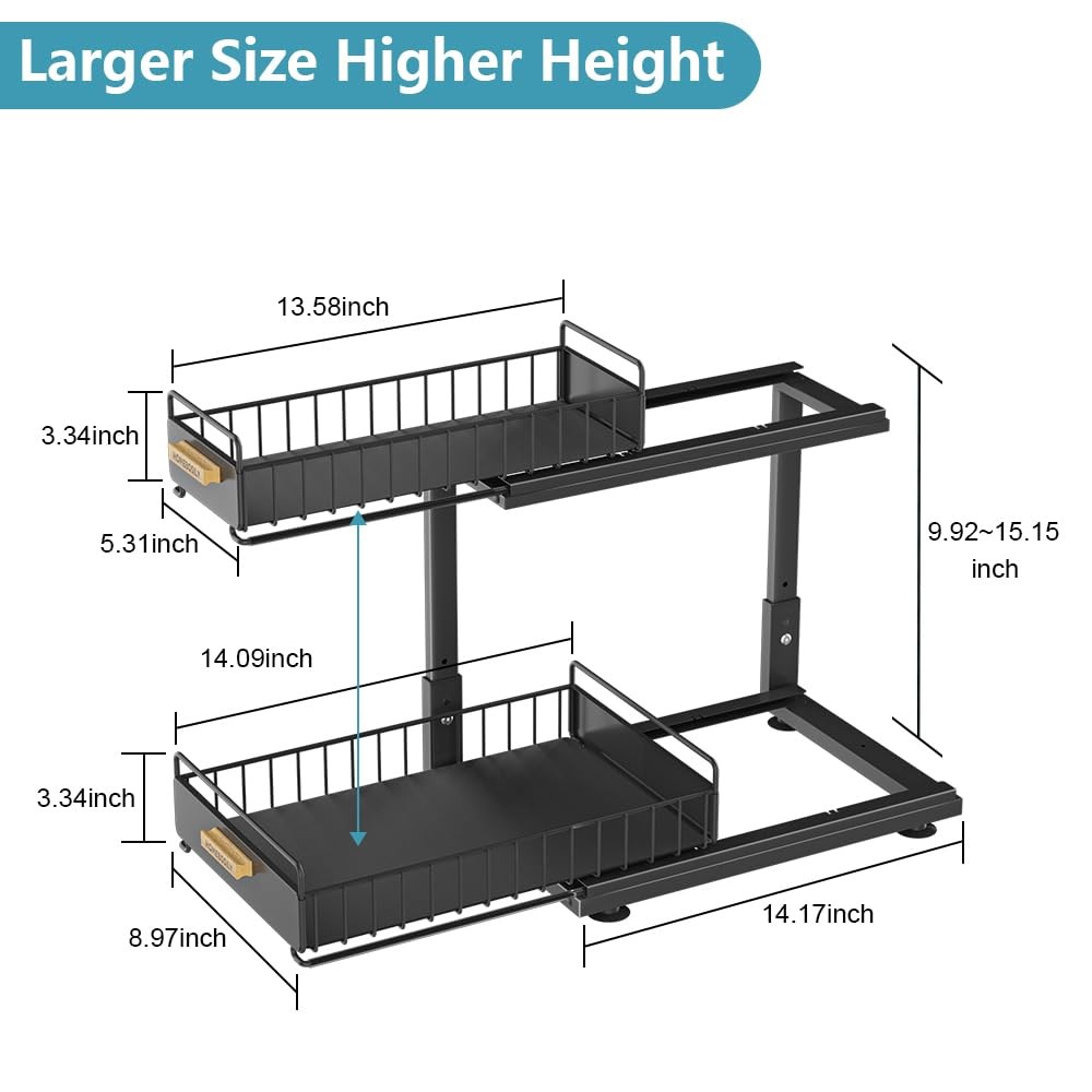 Under Sink Organizer Kitchen, 2 Tier Double Layer, Black