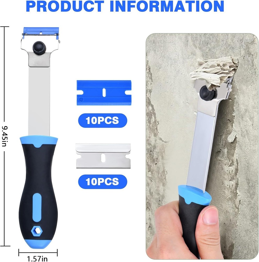 Razor Blade Scraper Tool with 10 Pcs Extra Replacement Metal and 10 Pcs Plastic