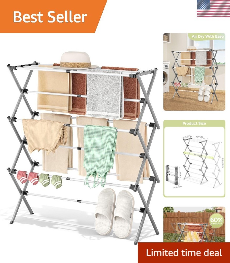 Stylish White/Grey Laundry Drying Rack: Foldable & Expandable for Versatile Use