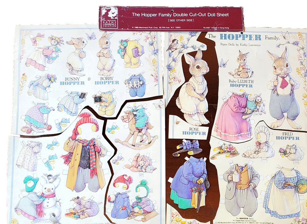 Vintage HOPPER FAMILY Bunny Rabbit Paper Dolls, Merrimack 1989 Double Sheet Pkg