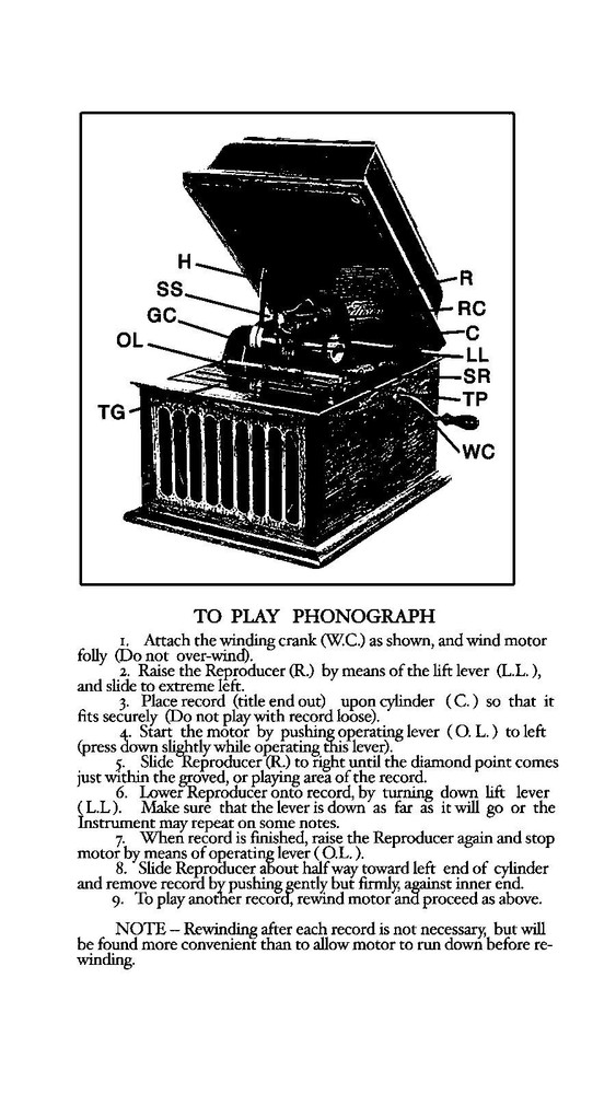 Operator Instruction Manual Fits Edison Amberola Phonograph