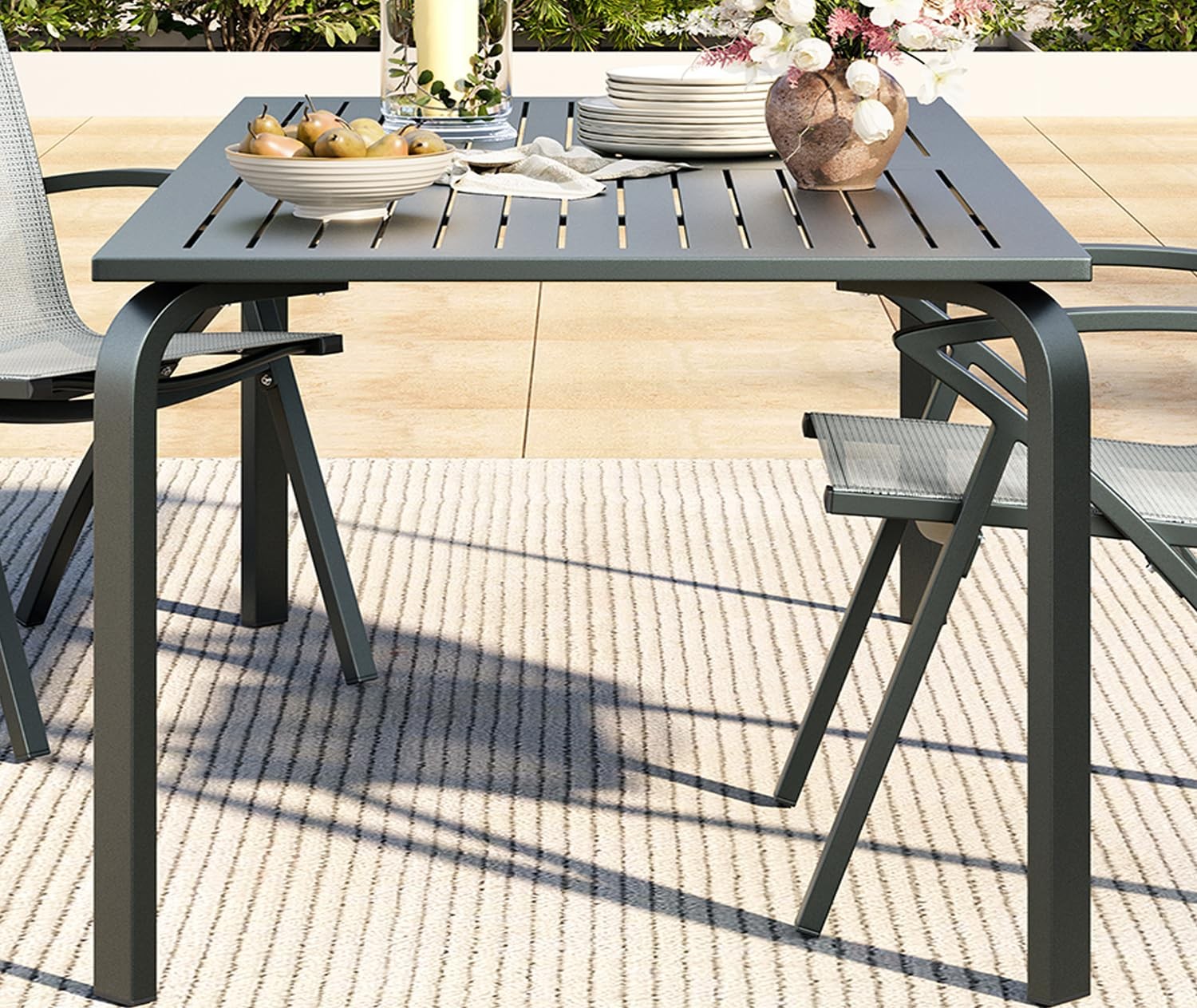 Outdoor Dining Table 71" Marine Grade Aluminum Umbrella Hole Rust Proof for Pool