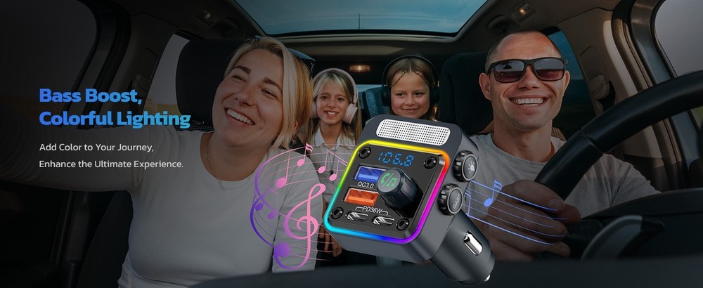 54W Bluetooth 5.3 Car Charger Adapter, 4-Port Fast Charging, FM Transmitter, Dee