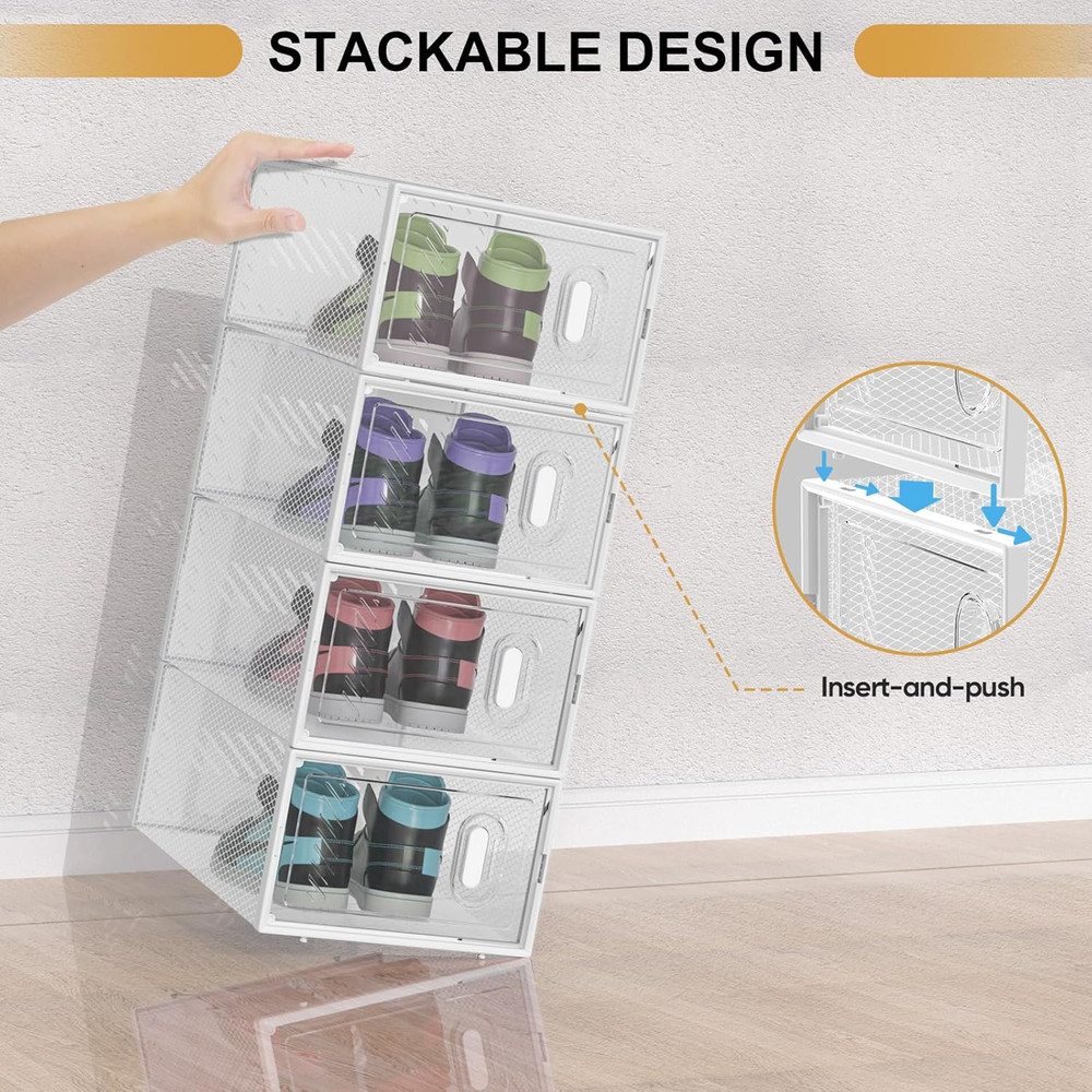6 Pack Stackable Shoe Storage Boxes Fit Size 9, Thickened Clear Shoe Box Bins wi