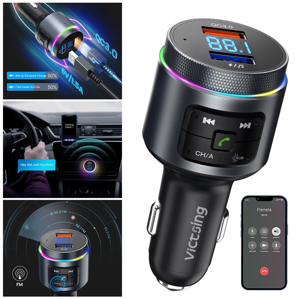 Bluetooth 5.0 Car Wireless FM Transmitter Adapter 2USB PD Charger Hands-Free AUX