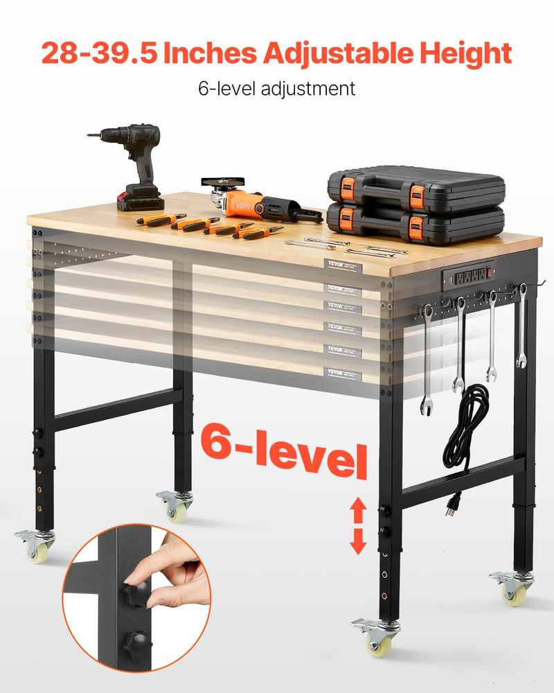 Adjustable Workbench, 48-Inch Work Bench with Power Outlet, Wheels, and Pegboard