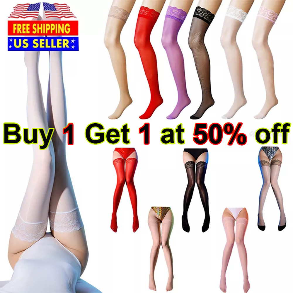 Womens Oil Shiny Glossy High Stockings Lace Silicone Stay Up Thigh-Highs Hosiery