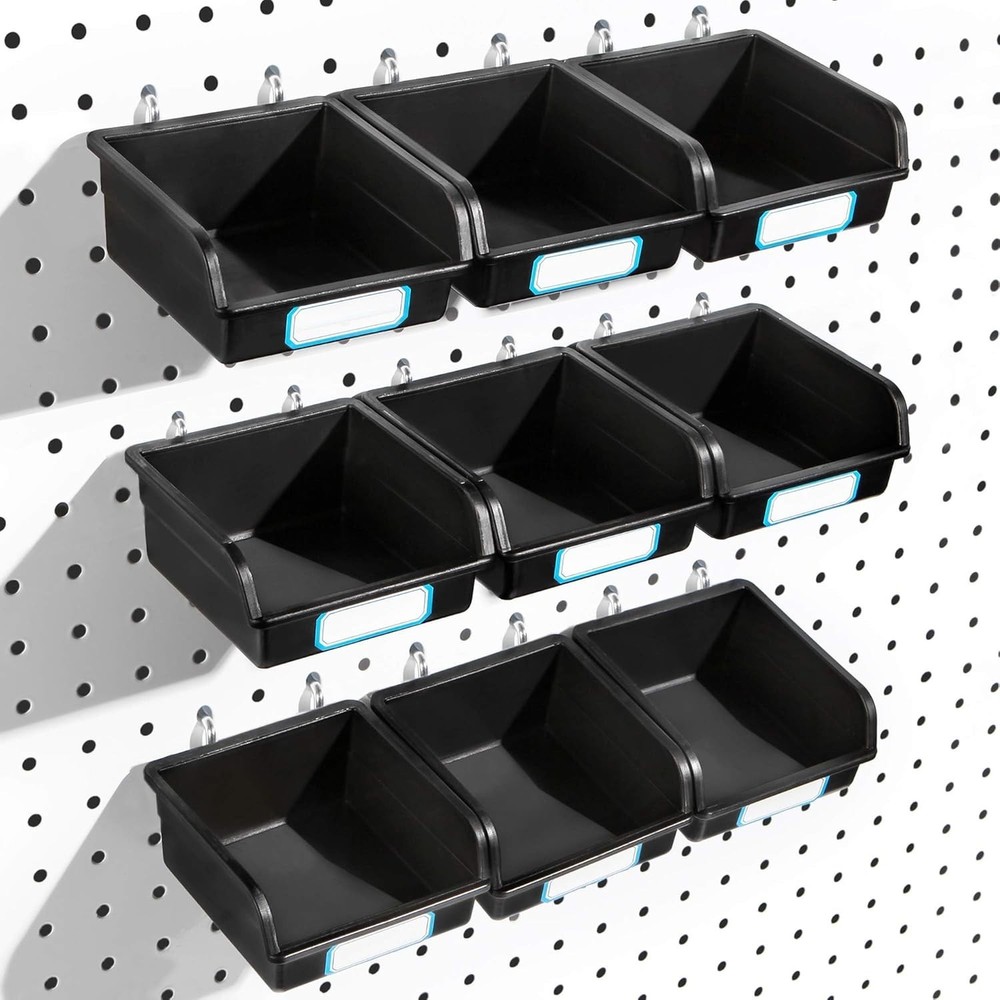 10-Pack Durable Black Pegboard Bins with Hooks & Labels - Organize Effortlessly