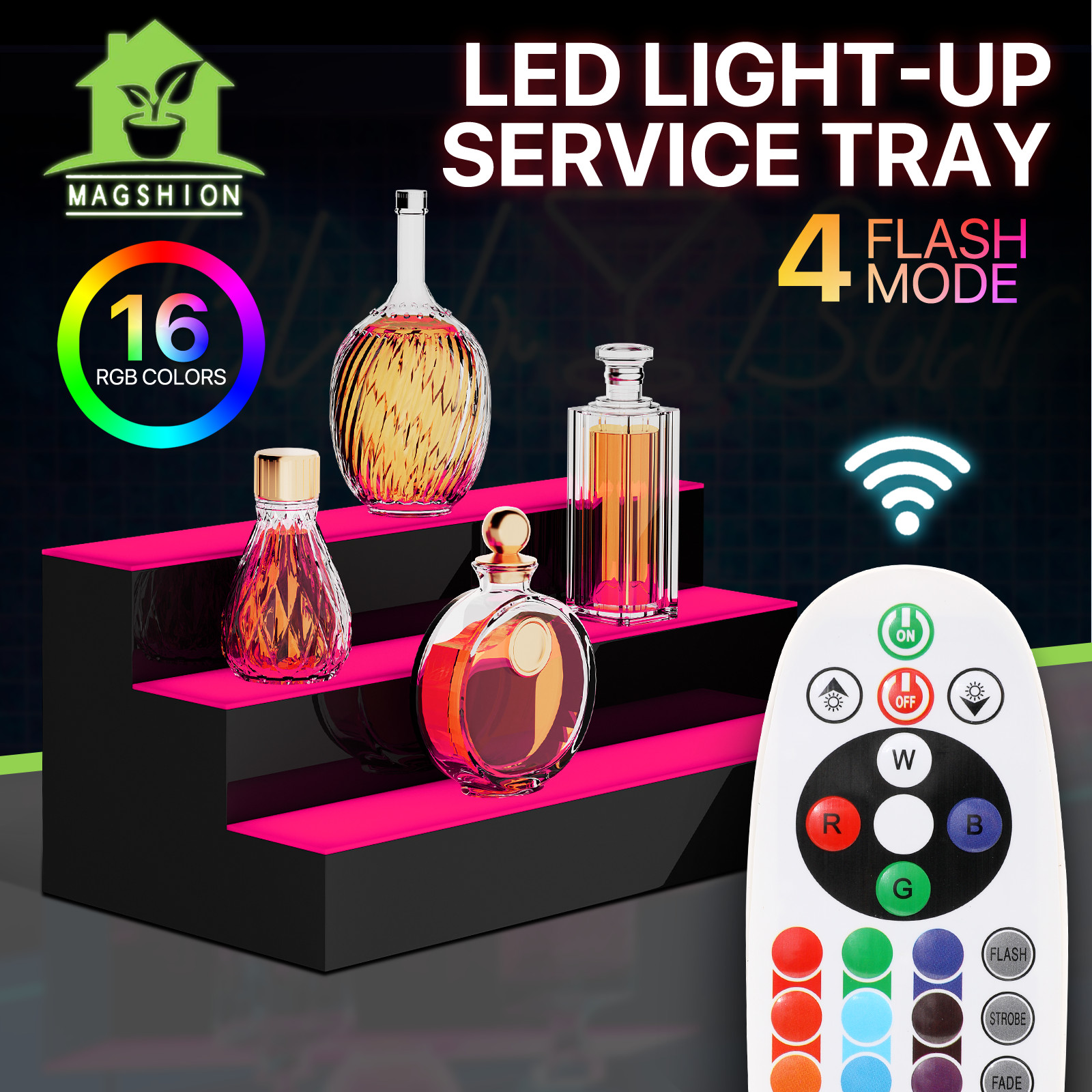 24" 3 Step Tier LED Glowing Light Up Back Bar Liquor Bottle Display Shelf D??cor