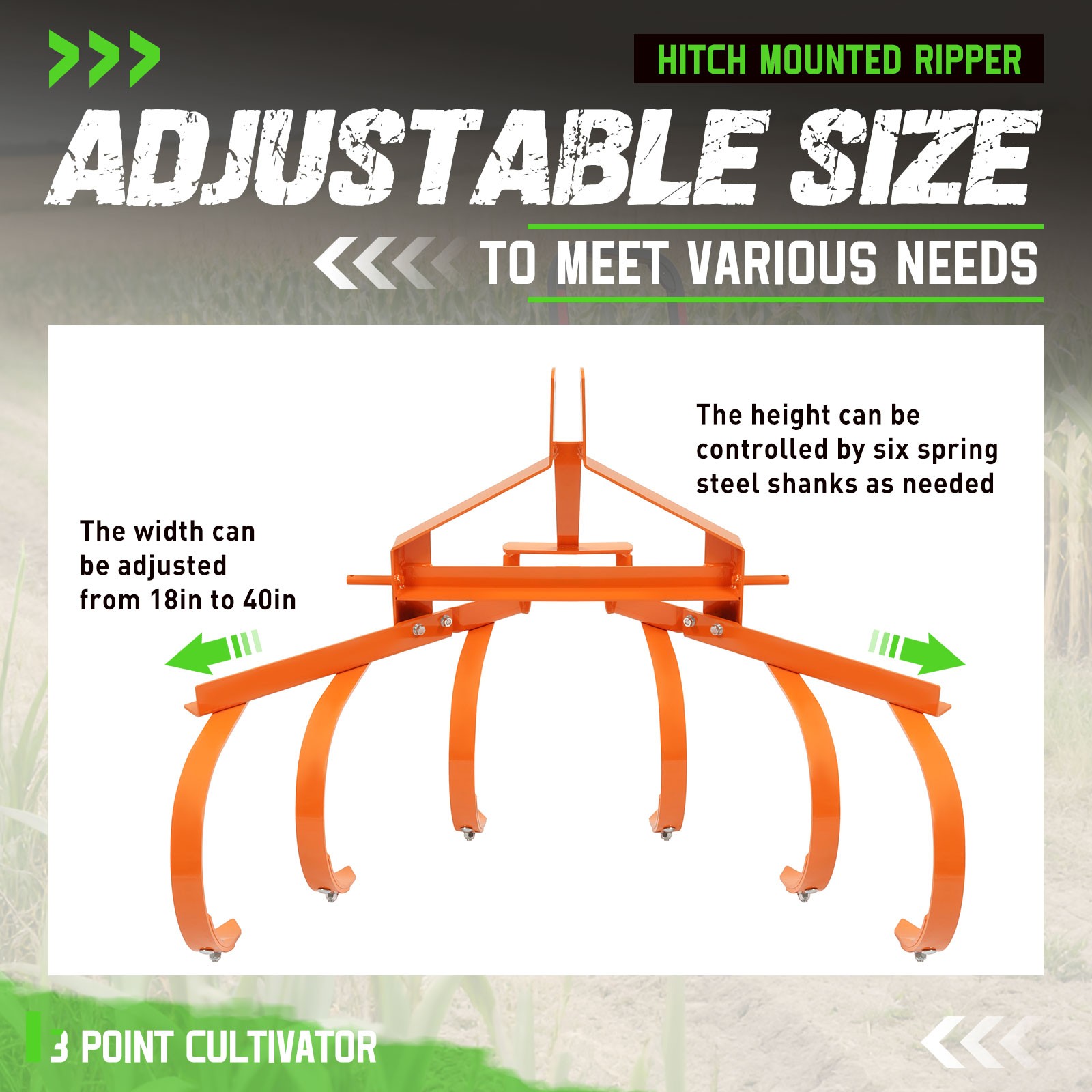 Cultivator with 6 Spring Steel Shanks 3 Point Quick Hitch Adujustable 18in-40in