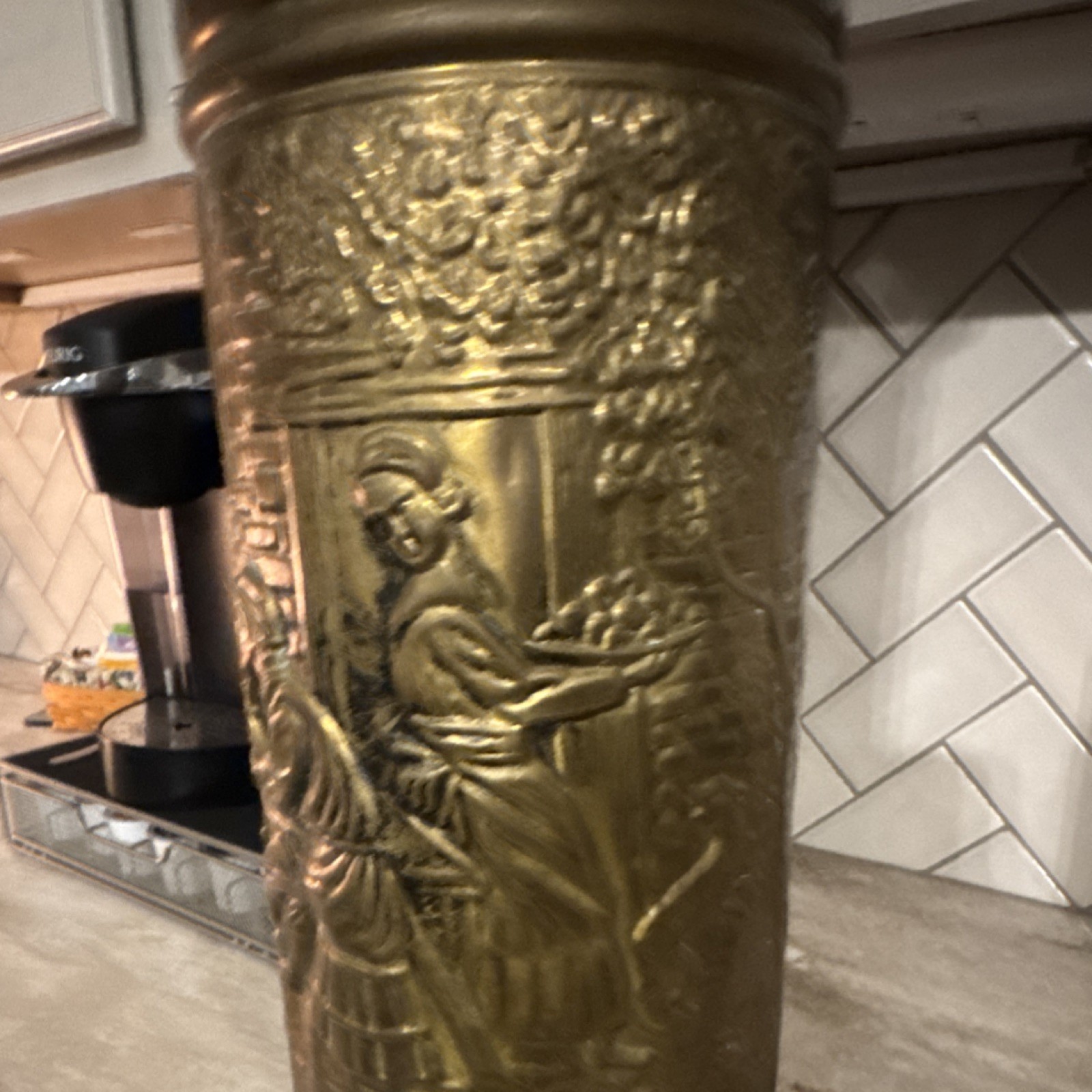 Antique Vintage Brass Embossed Figural Umbrella Stand