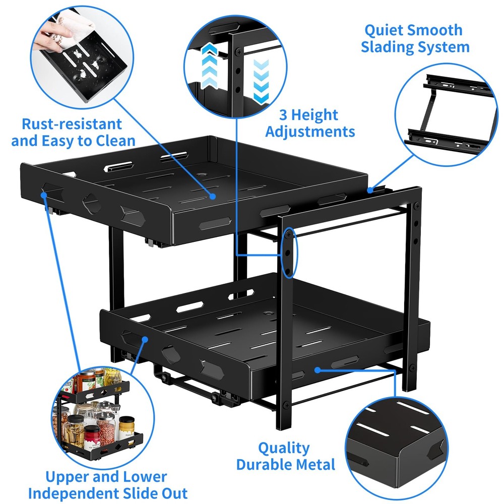 2-Tier Pull Out Spice Rack Organizer for Cabinet, Adjustable Height, Black