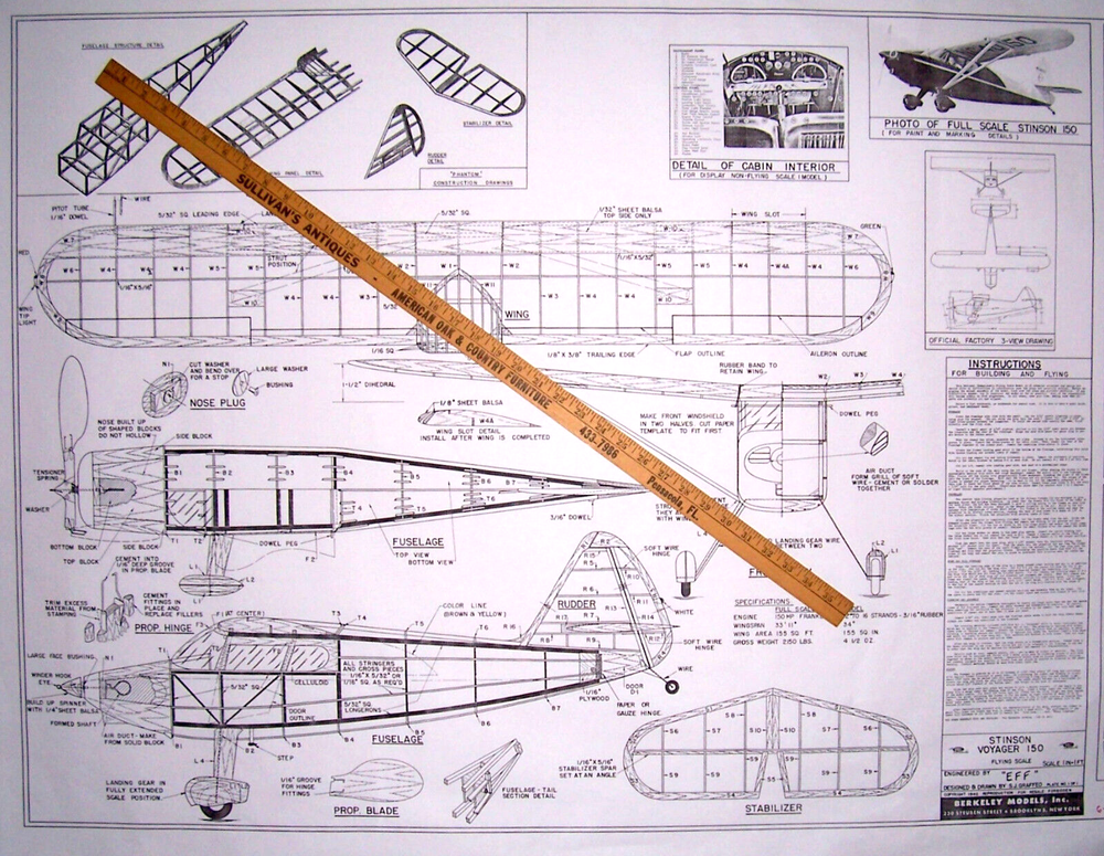 Berkeley STINSON VOYAGER PLAN + PARTS PATTERNS 34" FF / RC Scale Model Airplane