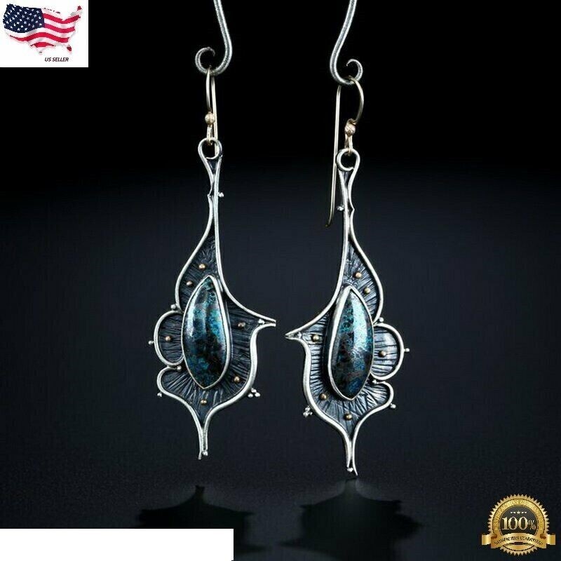 Boho Retro Silver Earrings Turquoise Stone Dangle Drop Hook Ear Stud Women Gift