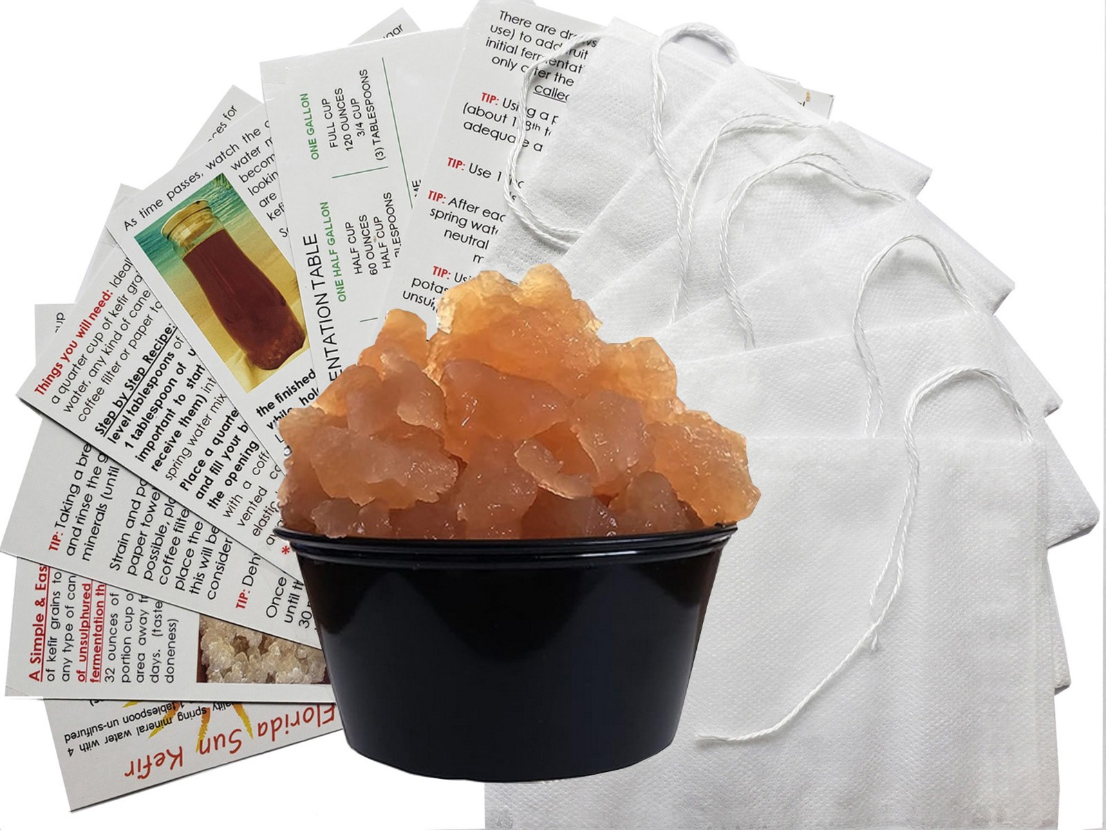 6 Brewing Bags plus Large Portion Cup Florida Sun Kefir Water Kefir Grains