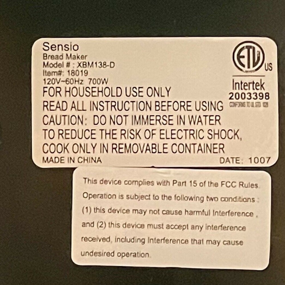Electronic Control Panel for Sensio Food Network Bread Maker Model XBM138-D