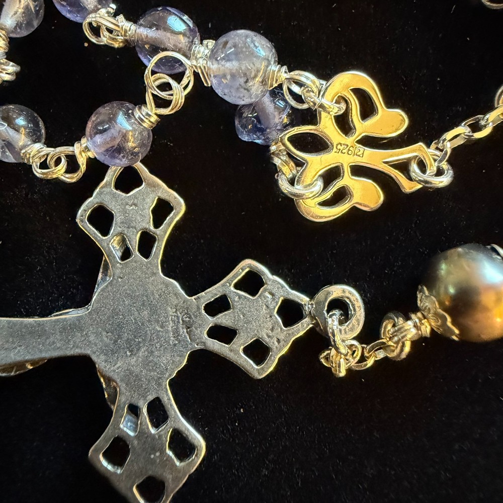 Handmade Sterling Silver, Iolite & Aubergine Pearl Gemstones Catholic Rosary
