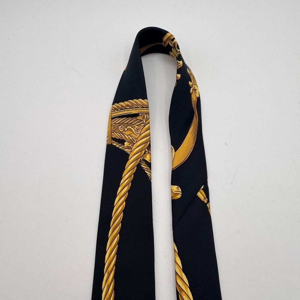 Hermes Necktie Silk Black Gold Baroque Pattern Used