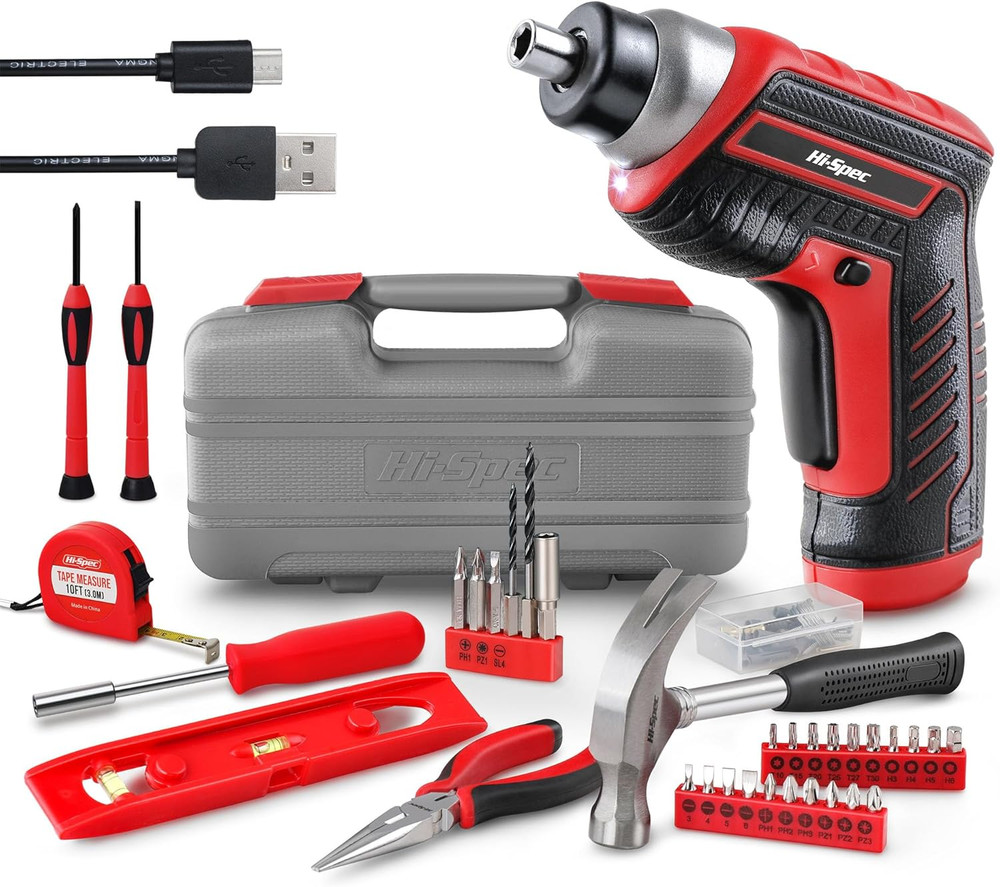 35Pc Red Tool Kit with 3.6V USB Electric Screwdriver and Drill Set. Complete Bas