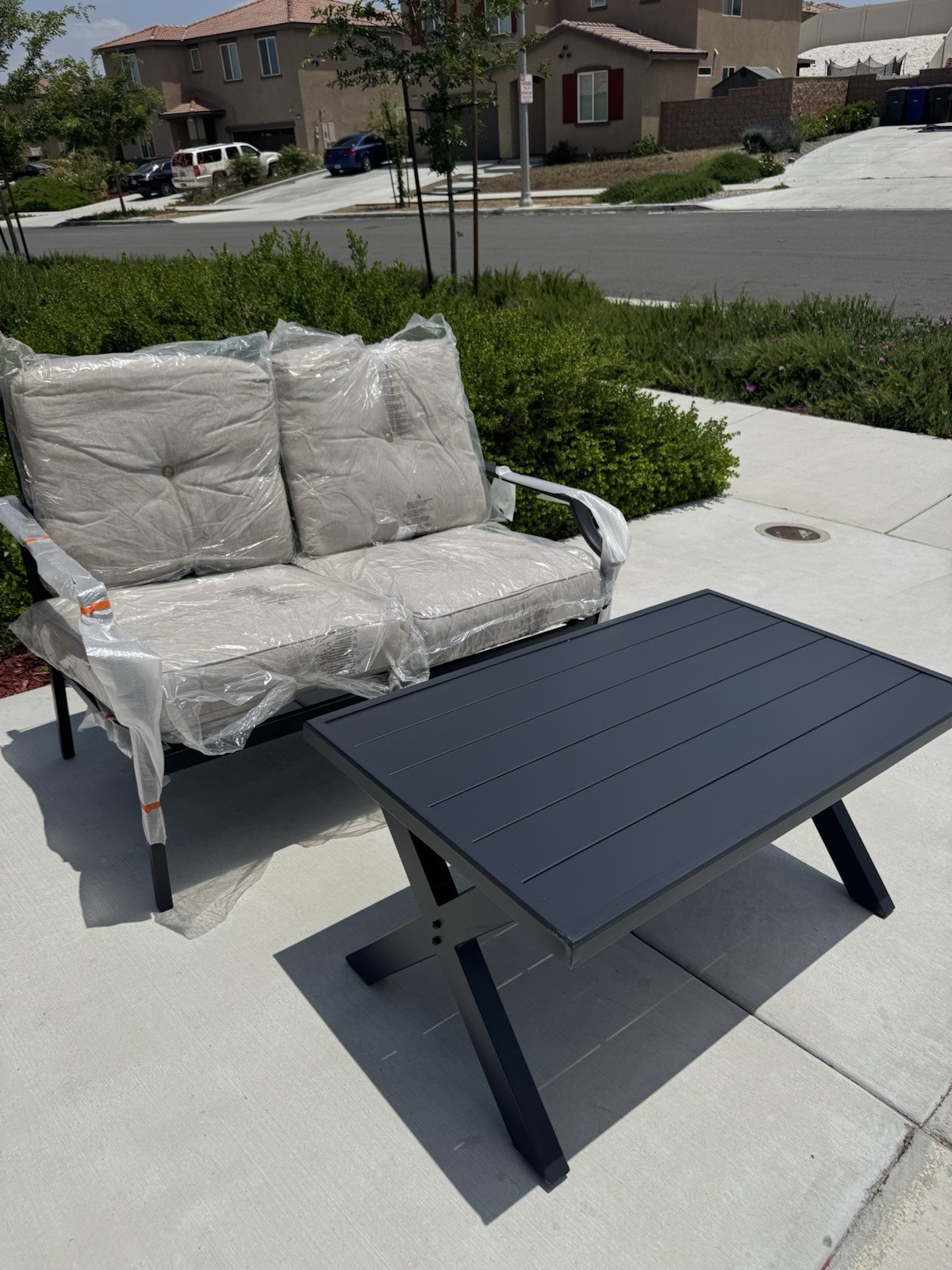 Festival Depot Patio Loveseat Set, Black & Beige, Steel Frame, Table, Cushions