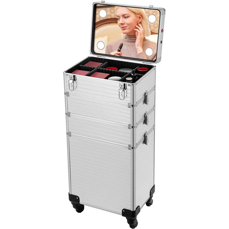 Rolling Makeup Train Case w/ LED Mirror Cosmetic Trolley Organizer w/ Wheels