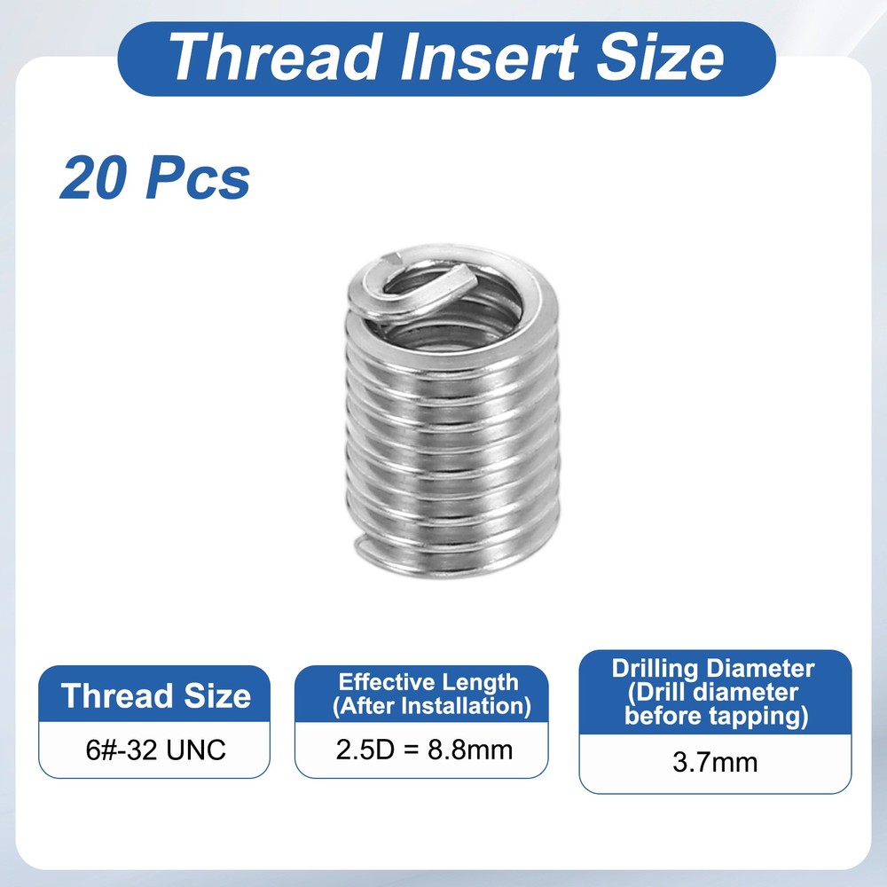 20pcs Wire Thread Inserts 6#-32 UNC 2.5D 8.8mm Helical Threaded Sleeve