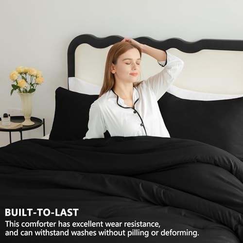 CozyLux Comforter Set 3 Pieces Solid Comforters Size Breathable Queen Black