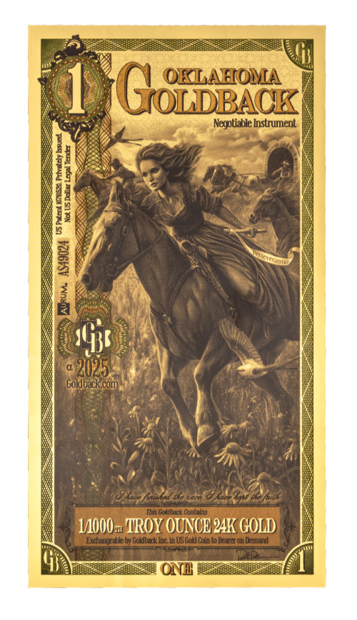 2025 1 Oklahoma Goldback Goldbacks .999 Fine Gold Polymer Note Currency BU