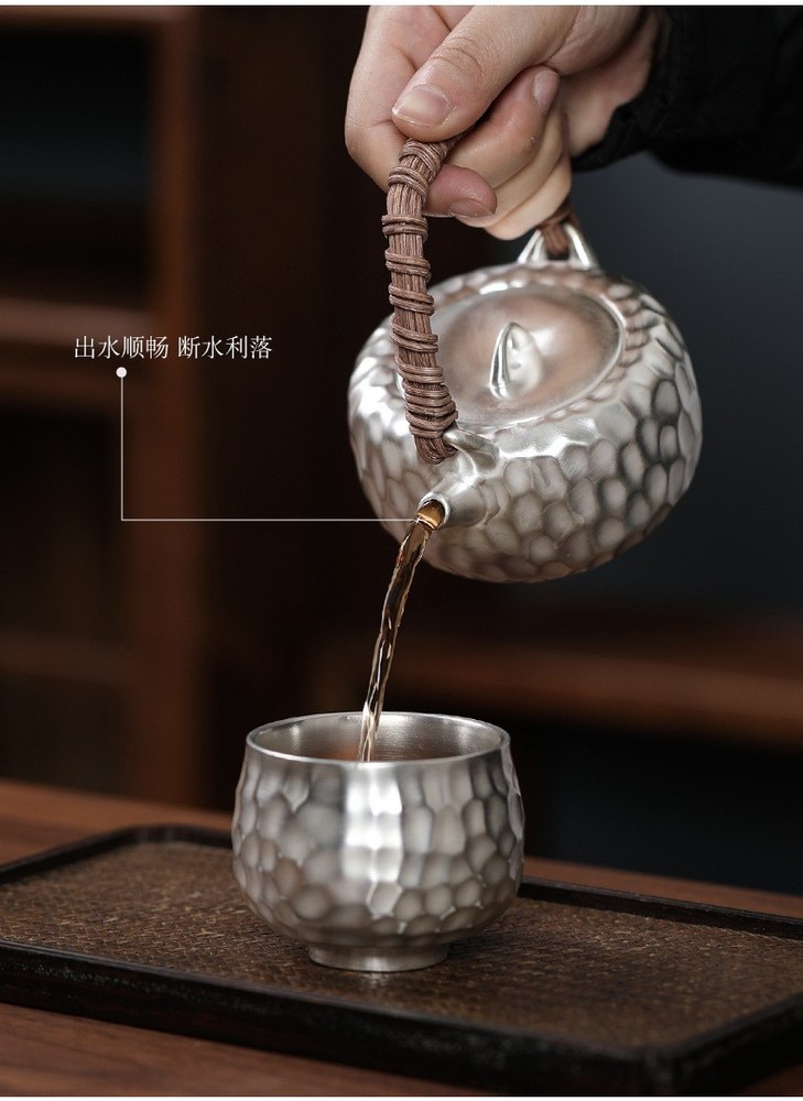 KungFu Tea Set 999 Sterling Silver Pot Cup Ceramic Hammer Pattern Portable Set