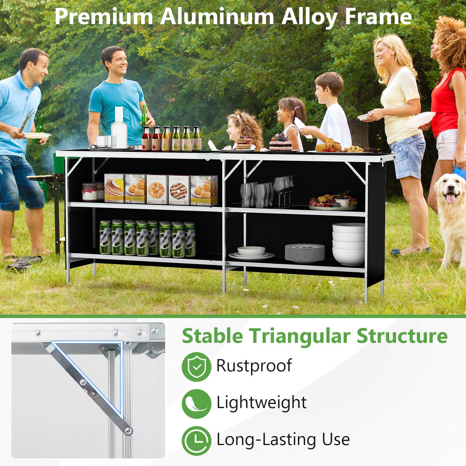 Portable Bar Table Folding Camping Table w/ Aluminum Alloy Frame 2-Tier Shelves