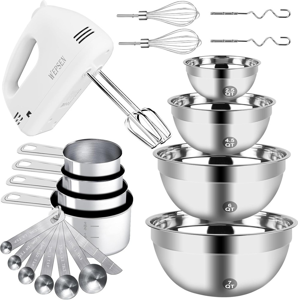 5-Speed Hand Mixer & 4 Nesting Bowls Set - Essential Kitchen Tools for Beginners