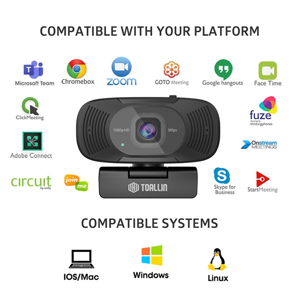 TOALLIN 1080P HD PC Webcam with Privacy cover Built-in dual Noise-canceling mic