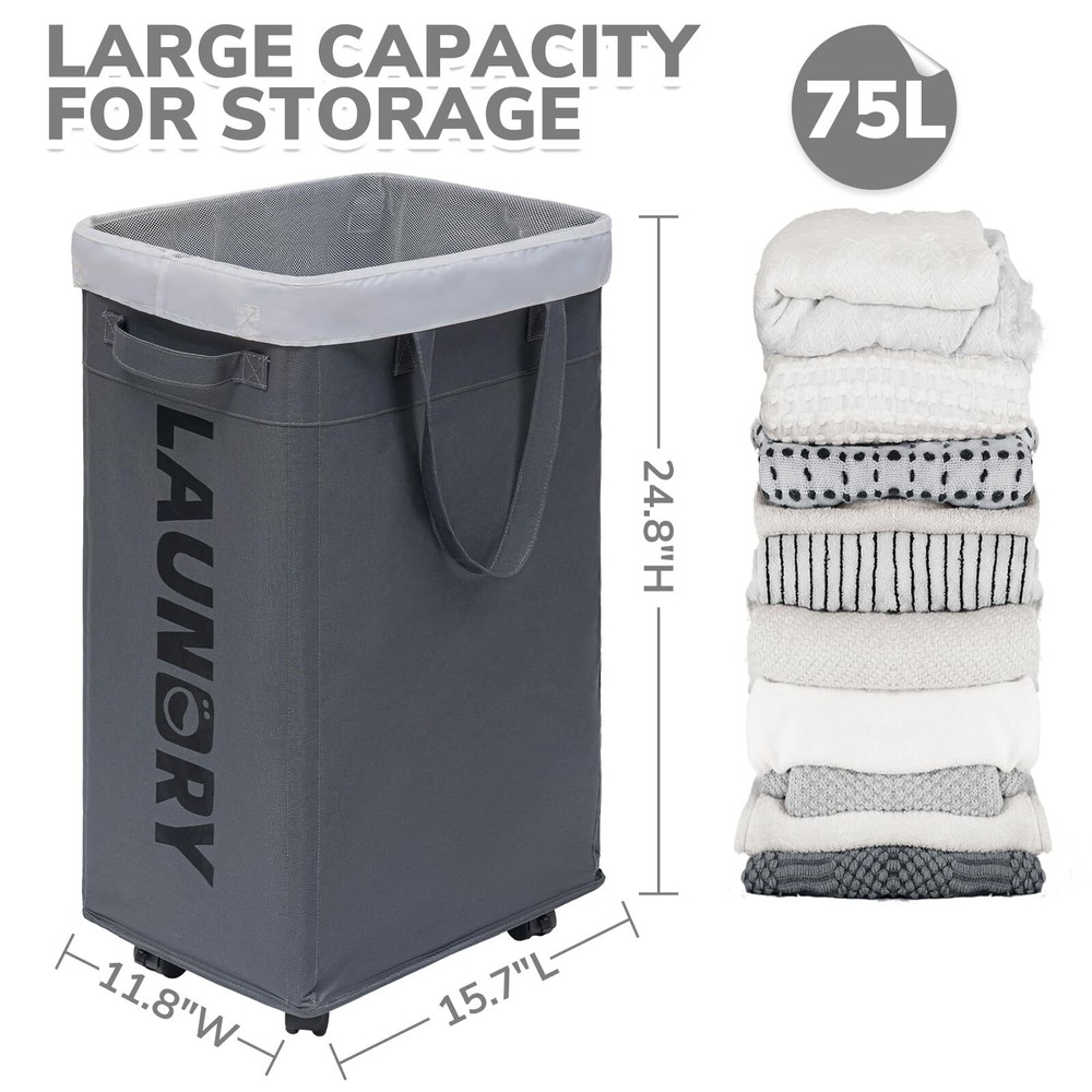 75L Rolling Laundry Basket with Wheels Collapsible Hamper for Dorms Grey