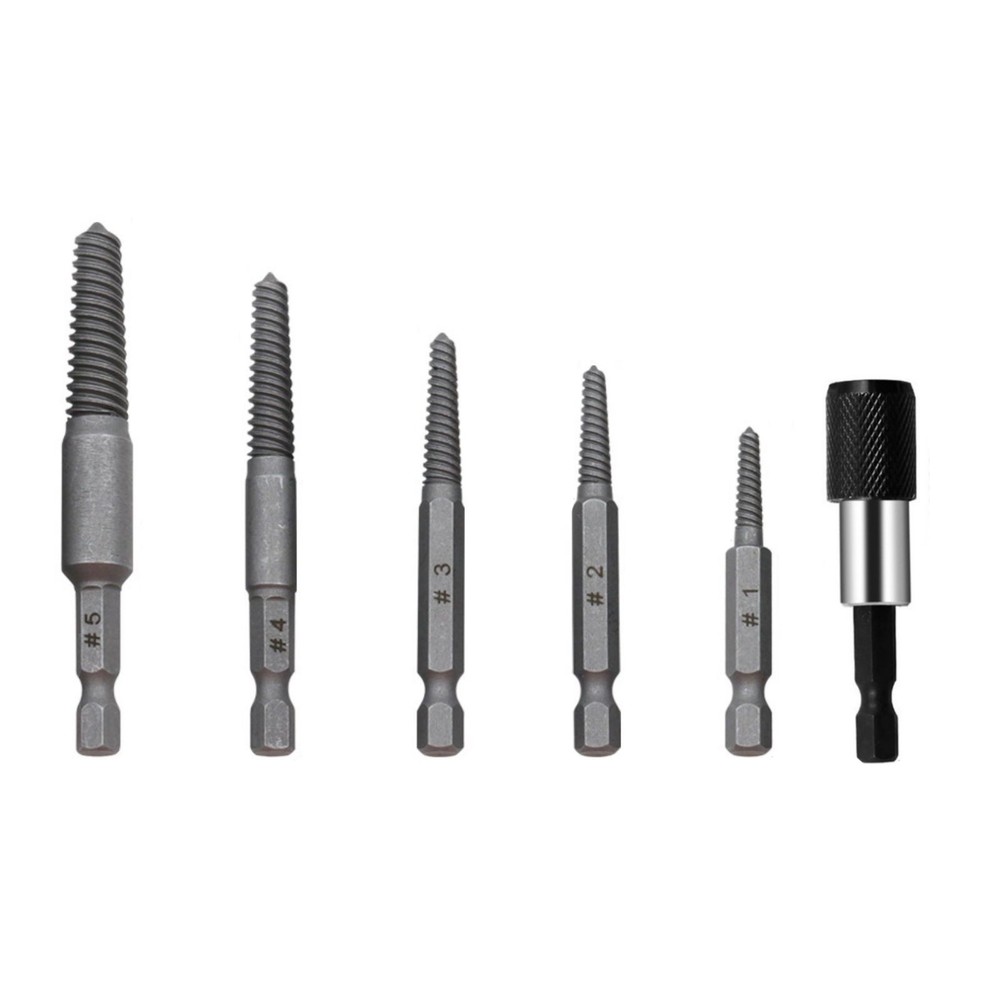 Woodworking hex shank headless screw extractor kit includes 5 different-size