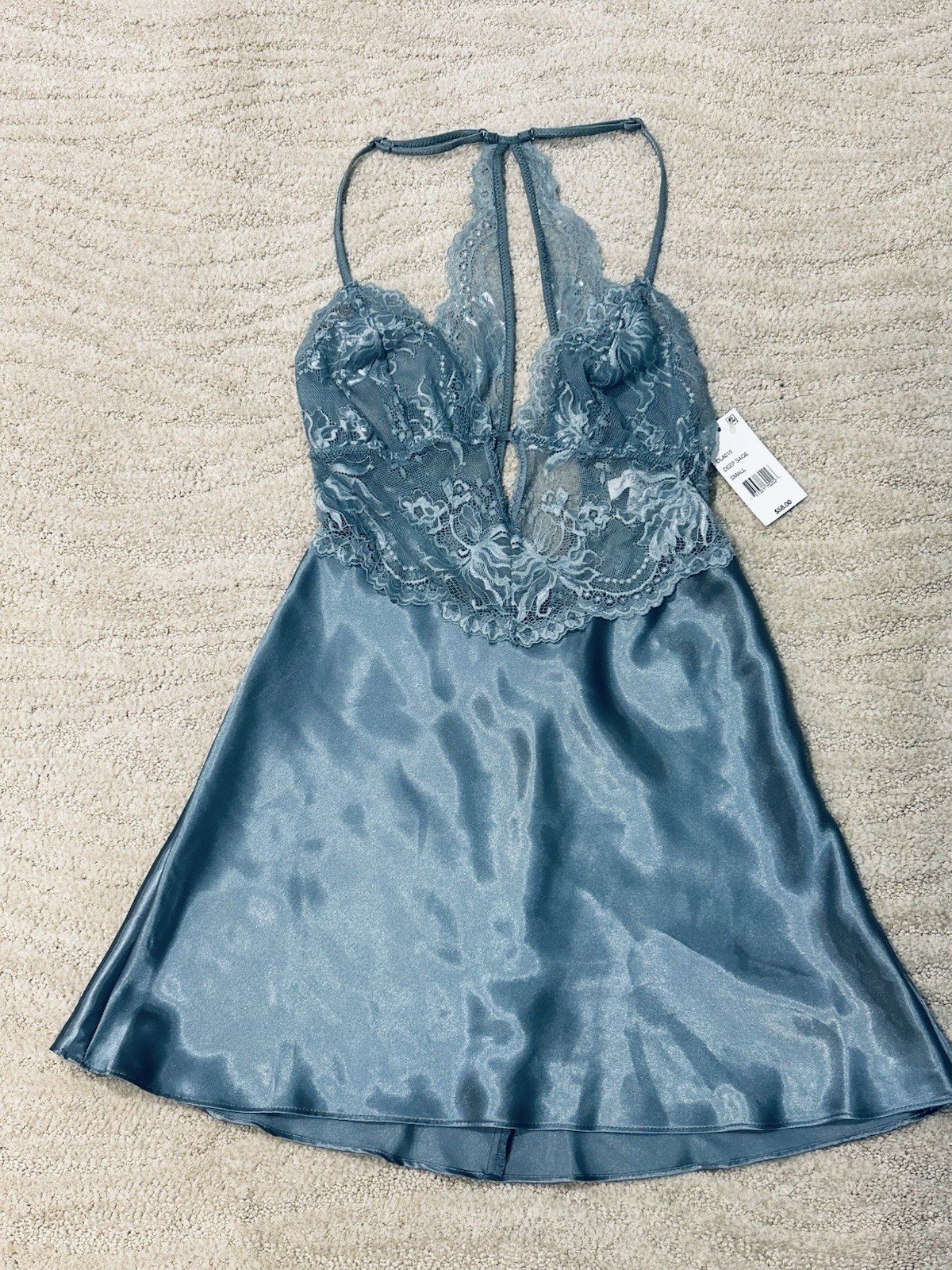 In Bloom deep sage lace/satin mini slip, one piece, SZ S, BNWT*