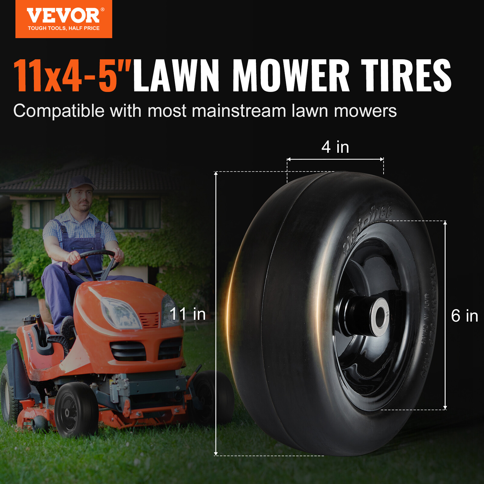 VEVOR 11x4-5 Lawn Mower Tires 2-Pack Flat-Free PU Tractor Tires