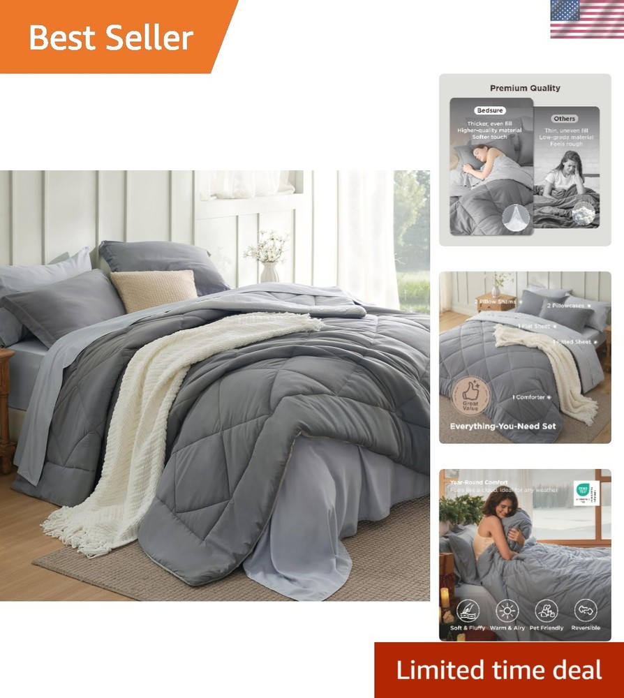 Reversible Queen Comforter Set with Warm Down Alternative - 7 Pieces