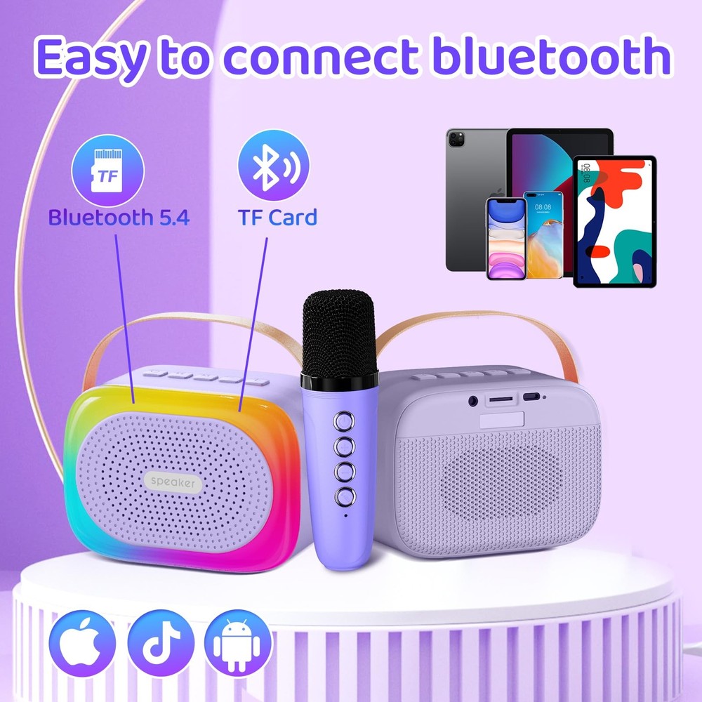 Mini Karaoke Machine with 2 Bluetooth Wireless Microphones & LED Lights - Fun