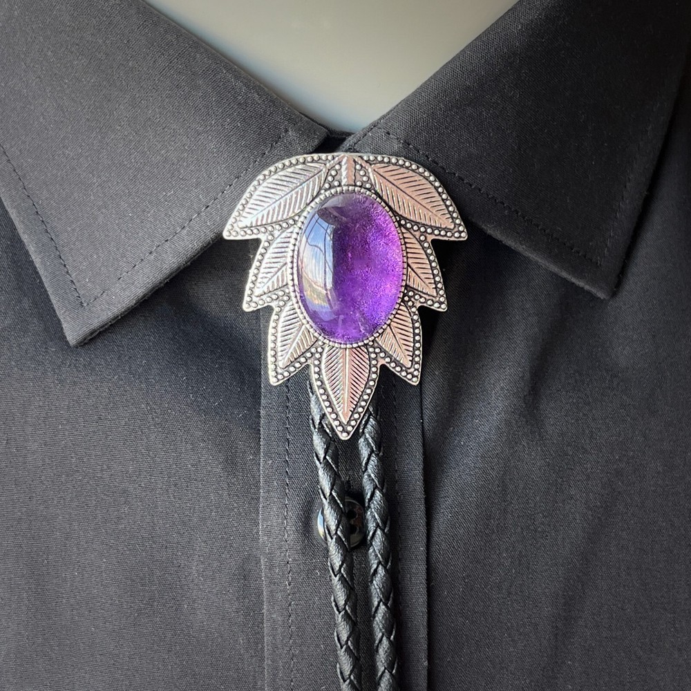 Natural Amethyst Stone Bolo Tie Silver Leaf Pattern Western Wedding Necklace