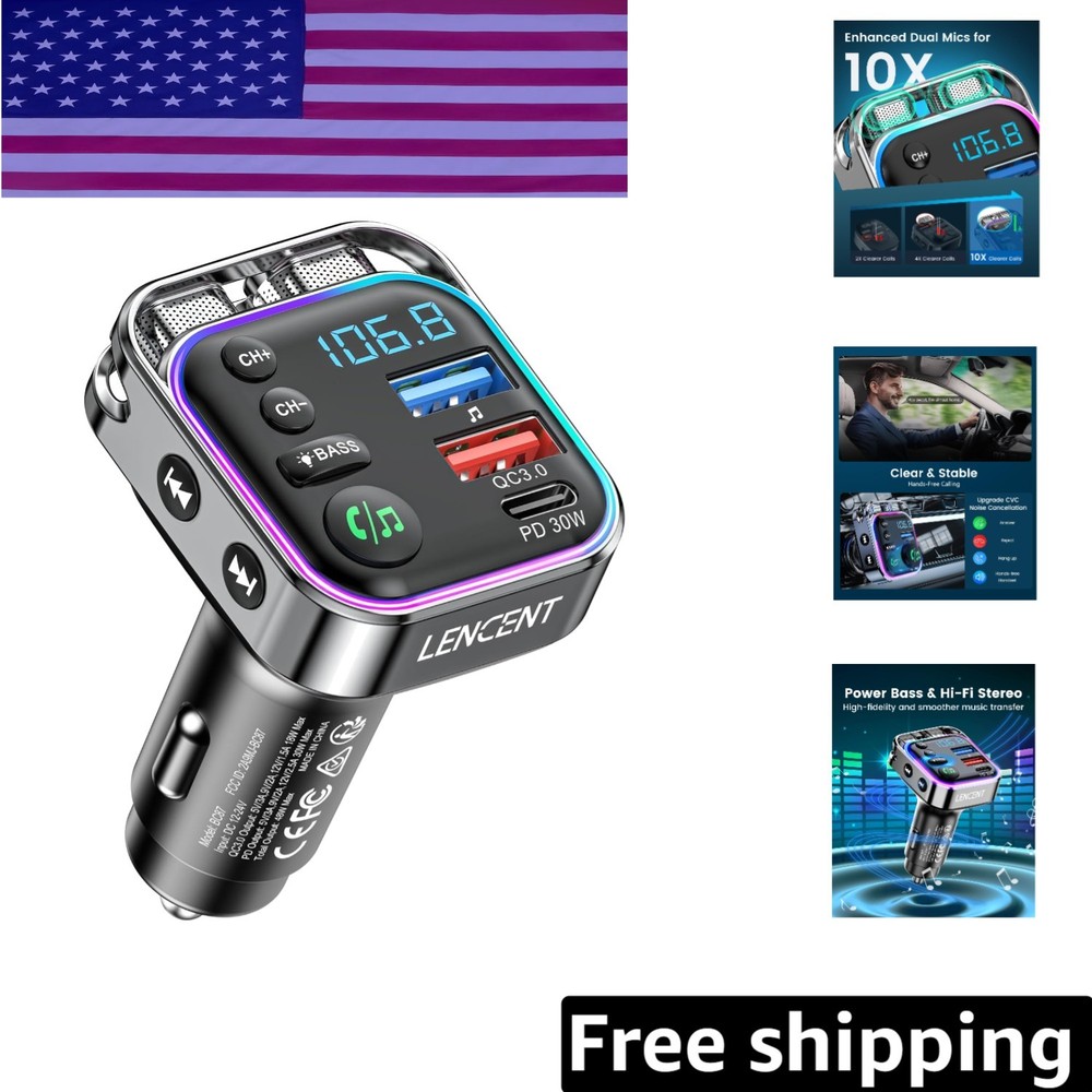 HiFi Bass Bluetooth FM Transmitter with Dual Mic & Colorful LED Lights for Cars
